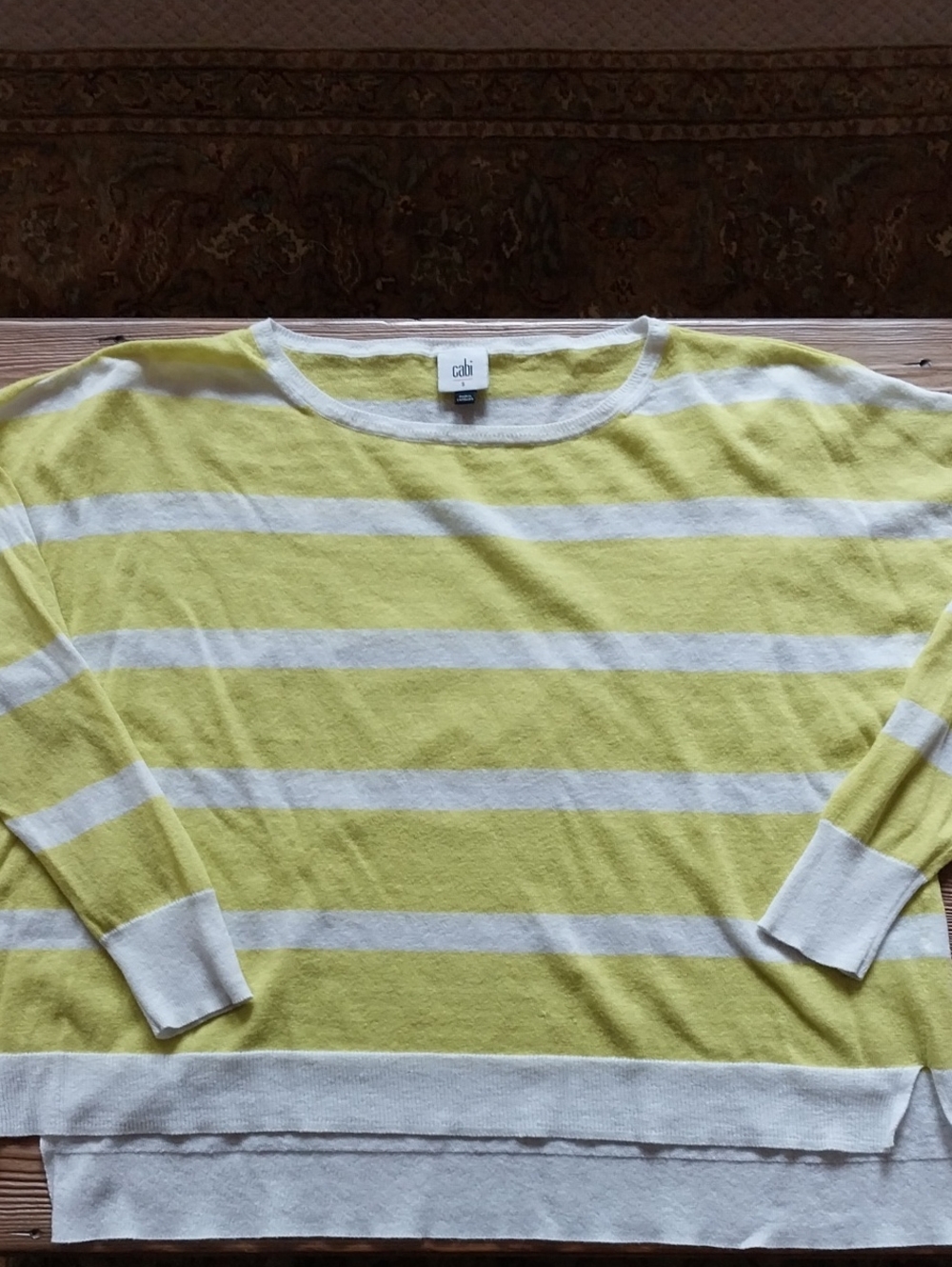 CAbi Yellow and White Striped Crewneck Sweater